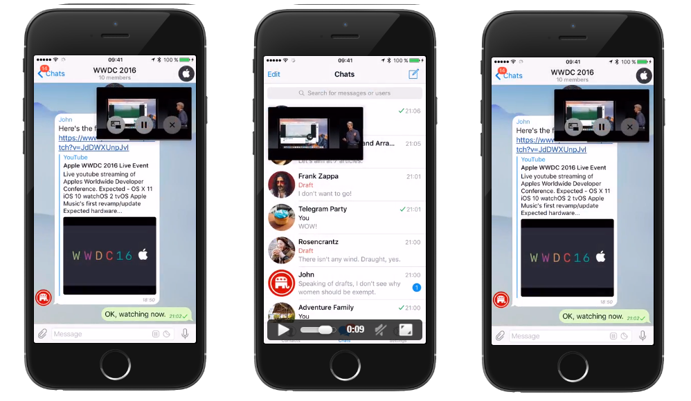 Interface Telegram dalam mode picture-in-picture