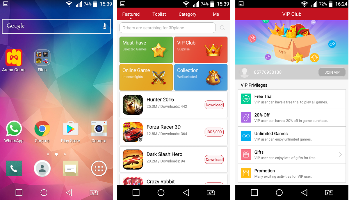 Tampilan aplikasi Arena Games di perangkat Android / DailySocial