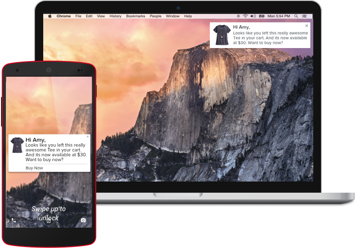 Contoh tampilan notifikasi di desktop dan mobile