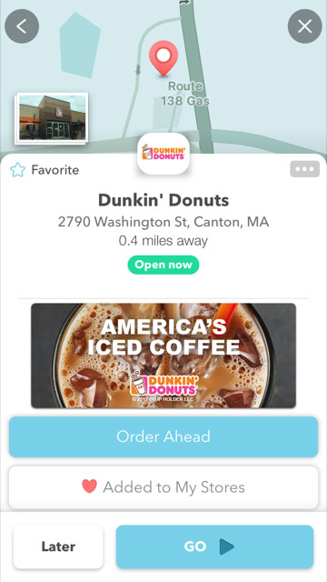 Tampilan fitur Order Ahead pada aplikasi Waze / Dunkin' Donuts
