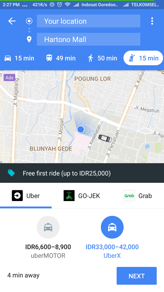 Pemesanan layanan UberX melalui Google Maps