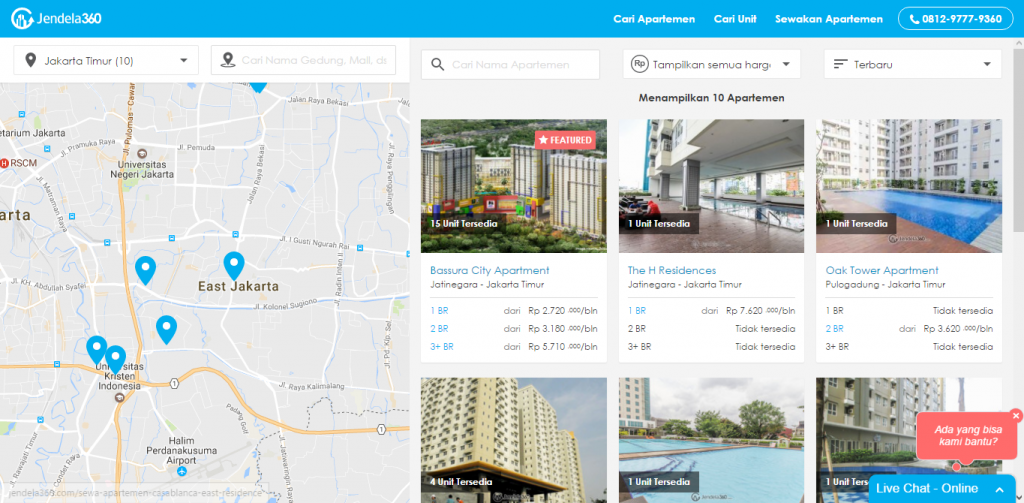 Laman Jendela360 untuk pencarian apartemen
