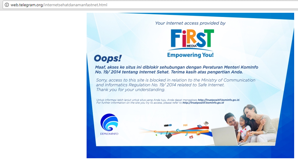 Tampilan situs Telegram yang diblokir ketika diakses melalui jaringan internet First Media / DailySocial