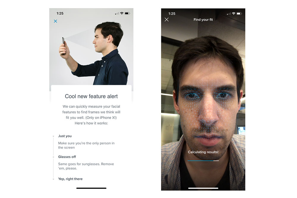 Tampilan fitur 3D face mapping pada aplikasi Warby Parker di iPhone X / The Verge for SEO