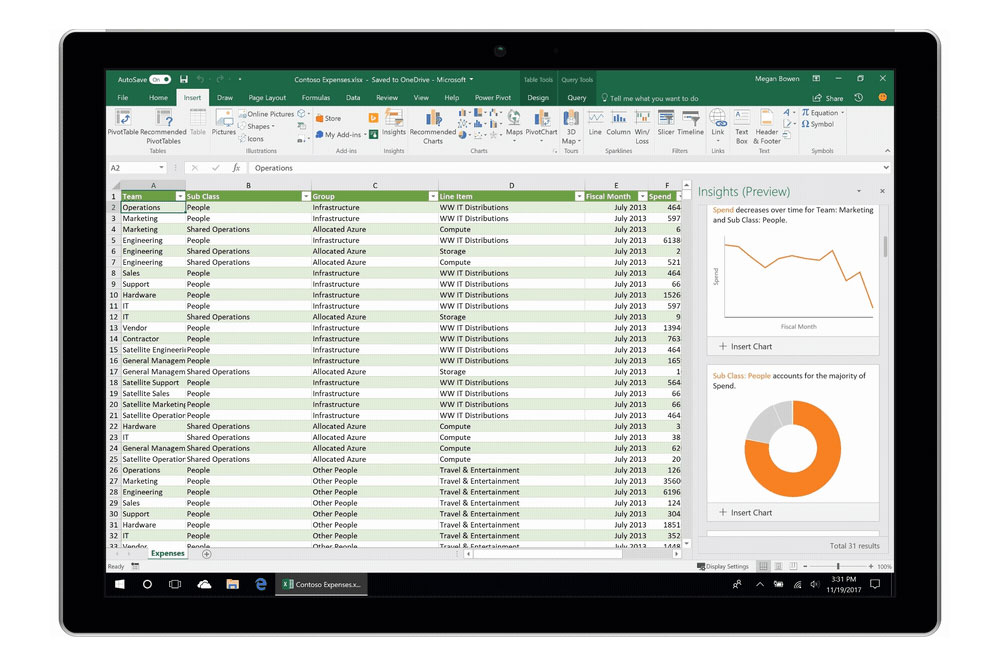 Tampilan fitur Insights di Excel untuk pelanggan Office 365 / Microsoft