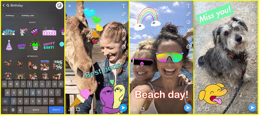 Penerapan fitur sticker GIF pada Snapchat sangat mirip seperti di Instagram, dan sumbernya pun juga dari Giphy / Snap