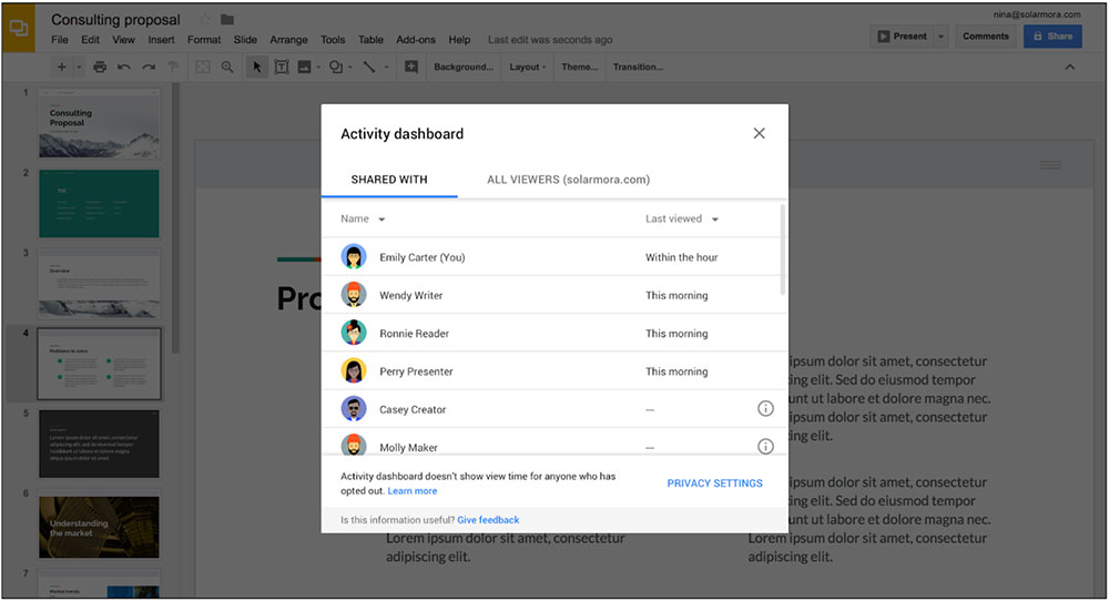 Tampilan fitur Activity Dashboard di Google Slides / Google for SEO