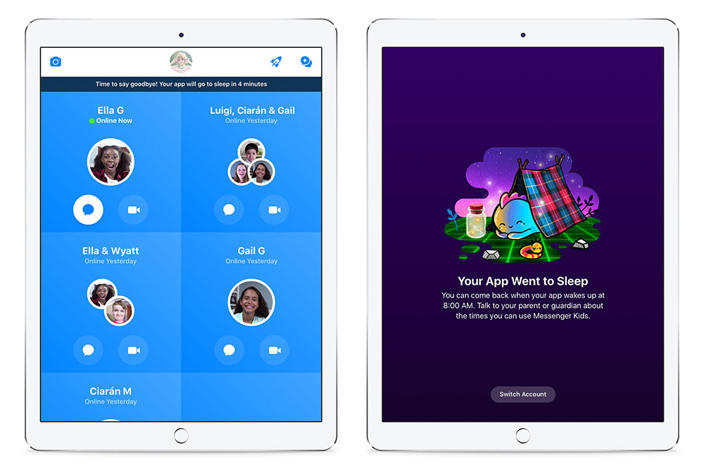 Tampilan fitur Sleep Mode pada Messenger Kids / Facebook