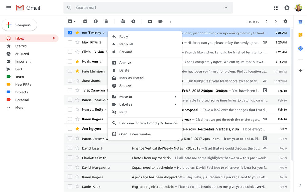 Tampilan menu klik kanan pada versi terbaru Gmail nanti / Google