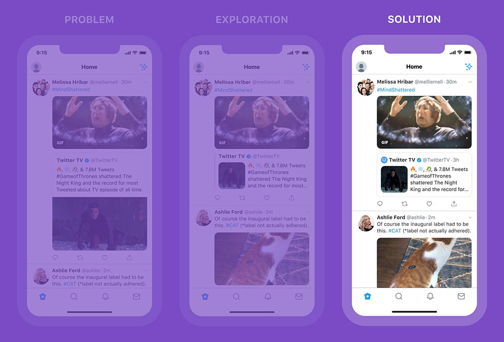 Proses desain layout Retweet berisikan media dari awal sampai final / Twitter