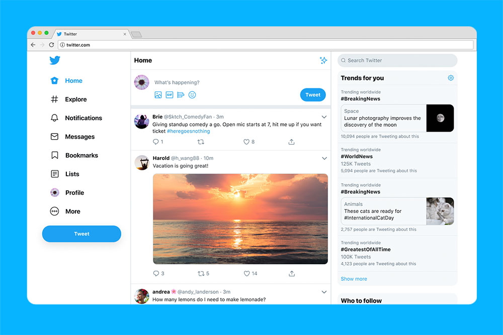 Tampilan baru situs twitter.com saat diakses lewat browser di perangkat desktop / Twitter
