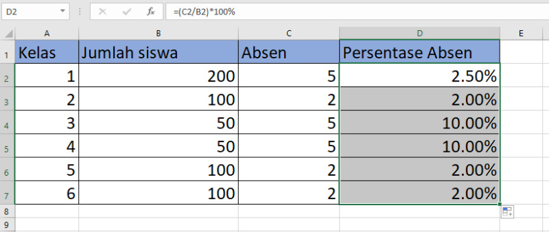 Contoh cara menghitung persentase otomatis di Excel