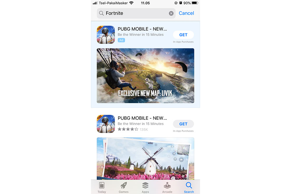Search "Fortnite" di App Store sekarang munculnya PUBG Mobile di paling atas / Dokumentasi pribadi