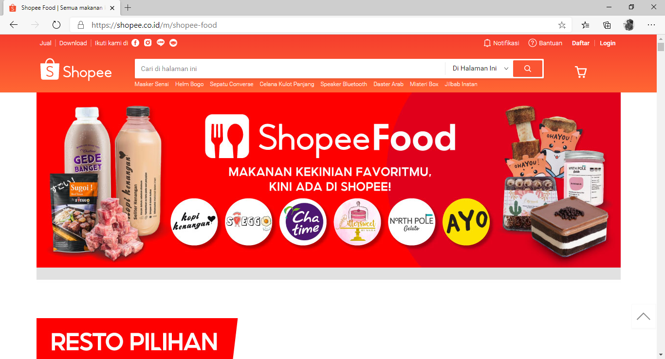 Laman ShopeeFood yang diakses melalui situs web