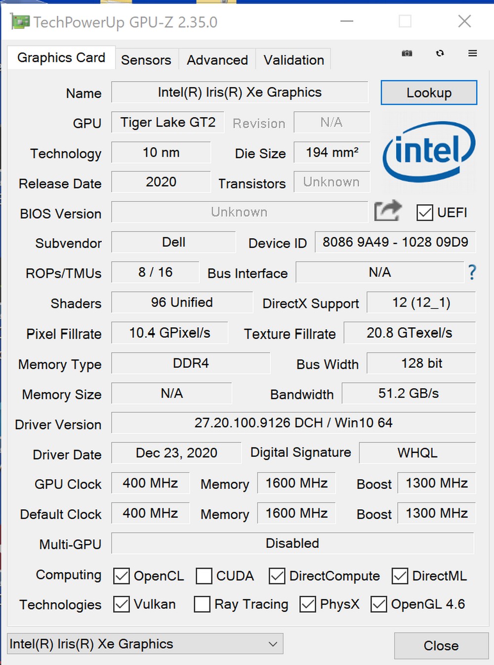 Dell Inspiron 14 7400 - GPUZ Iris Xe
