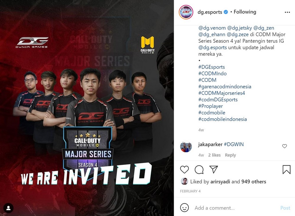 Selain memiliki turnamen, Dunia Games juga punya tim esports sendiri dengan nama DG Esports. Sumber Gambar - Instagram resmi DG Esports.