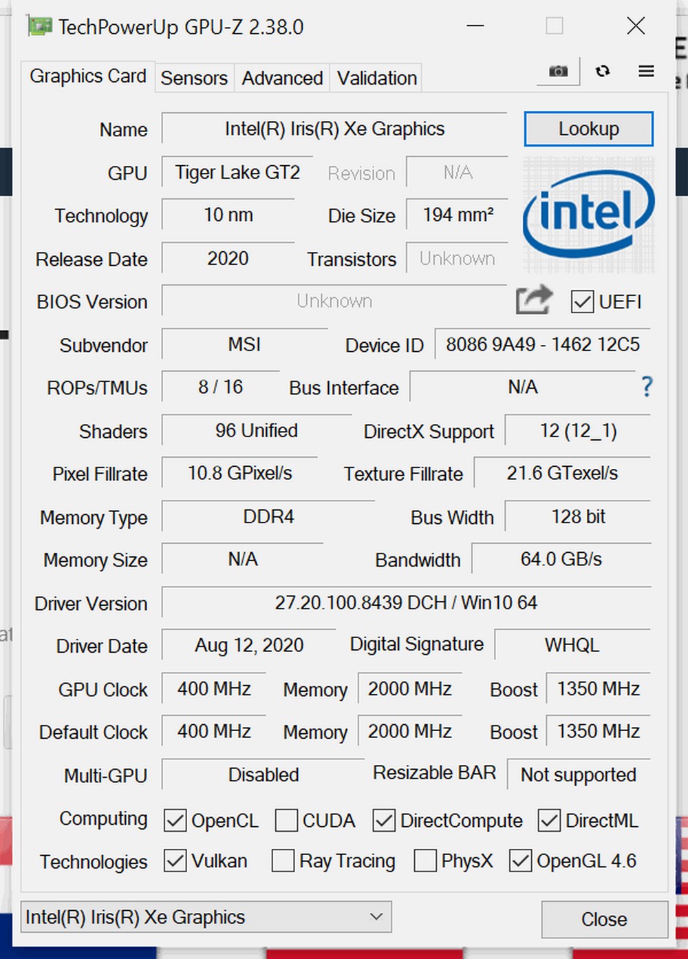 MSI Prestige 14 Evo Core i7-1185G7 - GPUZ