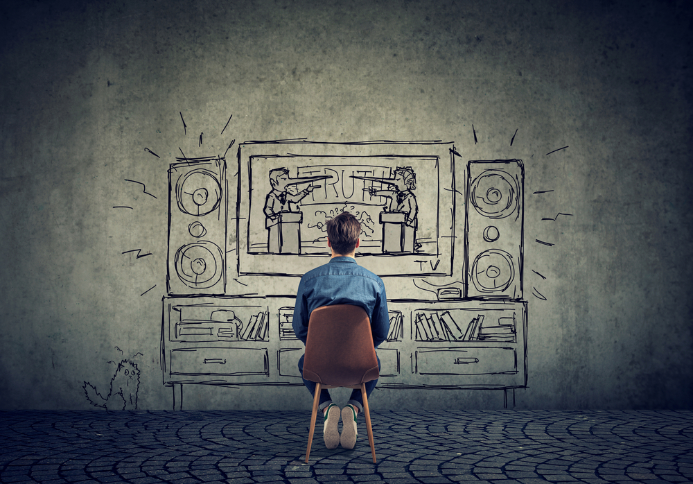 Man watching television with two politicians, business men with long liar nose having a debate for SEO