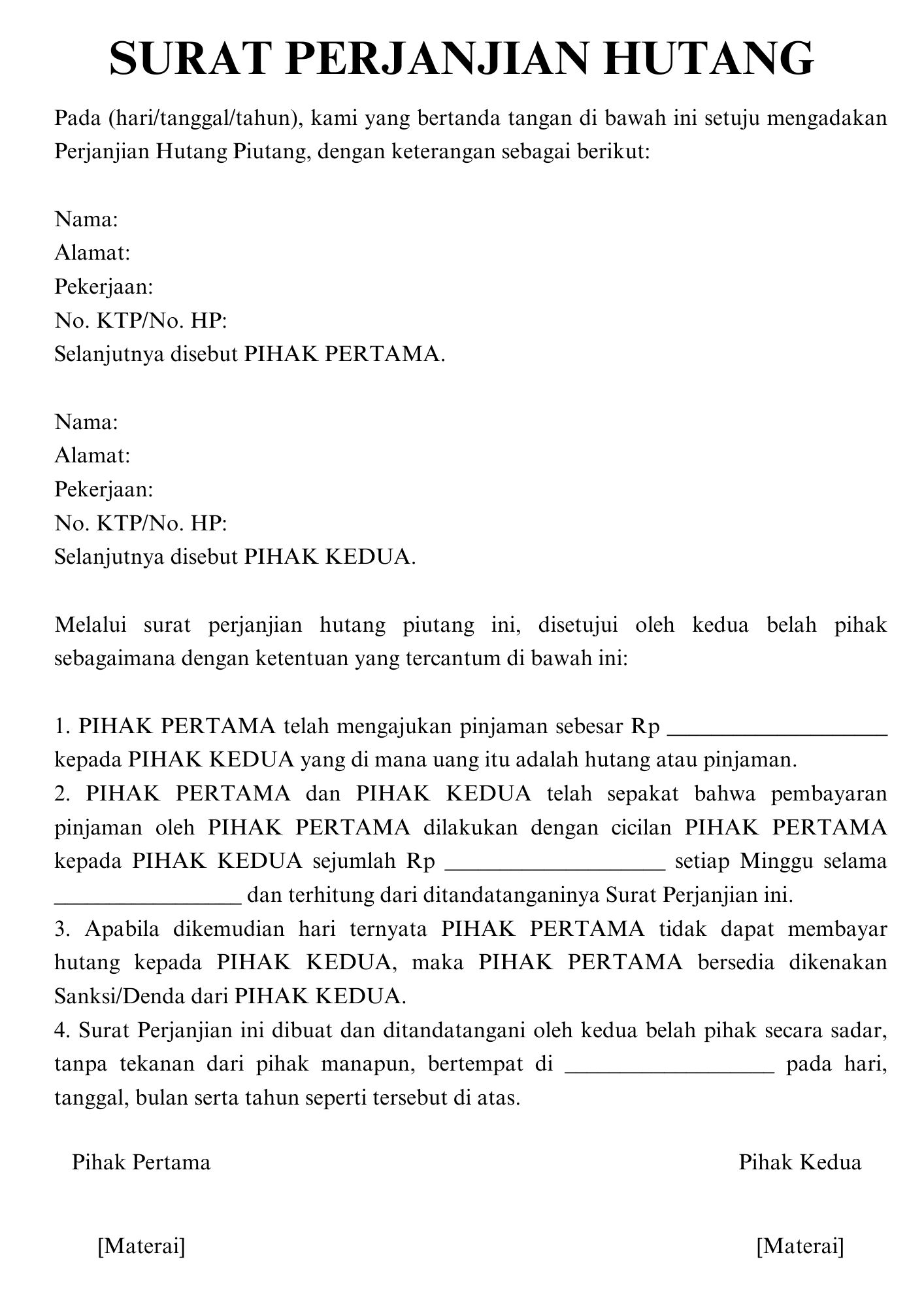 Contoh Surat Perjanjian Hutang Sederhana Yang Baik Dan Benar